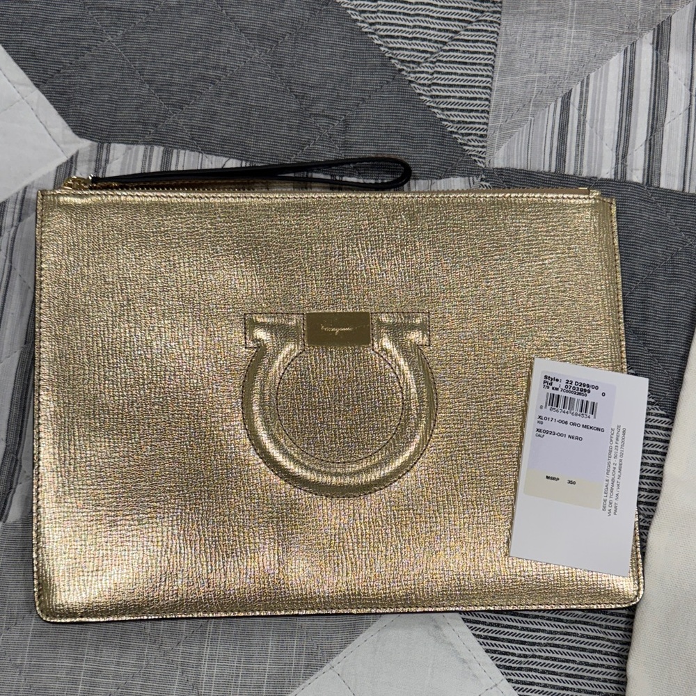 Salvatore Ferragamo Gold Clutch with Iconic Logo